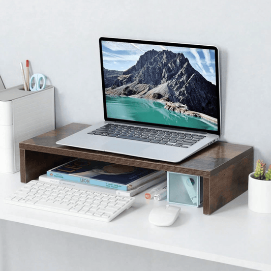 Wooden Monitor Stand Riser 20" - Rustic Brown Desktop Shelf for Computer, Laptop, Printer - Ergonomic Keyboard Storage Organizer