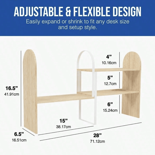Expandable Desk Hutch Organizer - Natural Wood Desktop Bookshelf with Adjustable Width