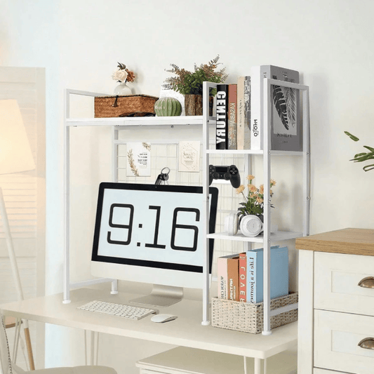 4-Tier Desktop Hutch with Mesh Grid Wall - Brown Wood Shelf Organizer for Home Office & Dorm (37")