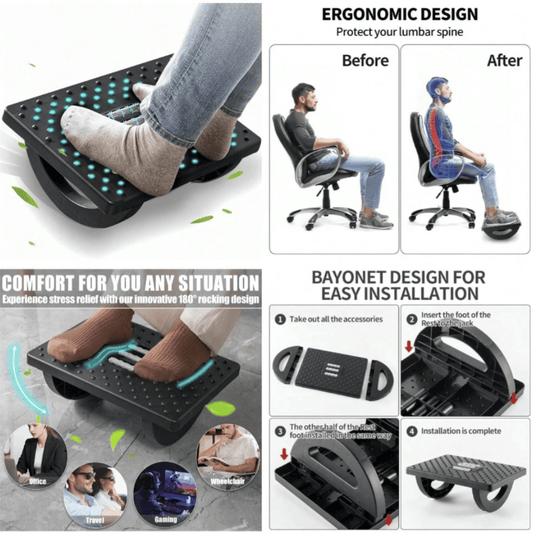 Ergonomic Under Desk Foot Rest - Rocking Foot Stool with Massage Rollers for Office & Gaming