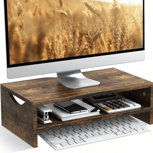 2-Tier Monitor Stand Riser (16.5") - Rustic Brown Wood Desk Shelf with Middle Storage Organizer