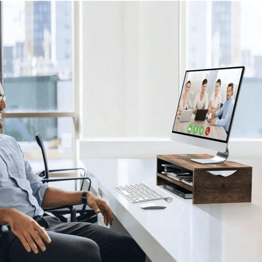2-Tier Monitor Stand Riser (16.5") - Rustic Brown Wood Desk Shelf with Middle Storage Organizer