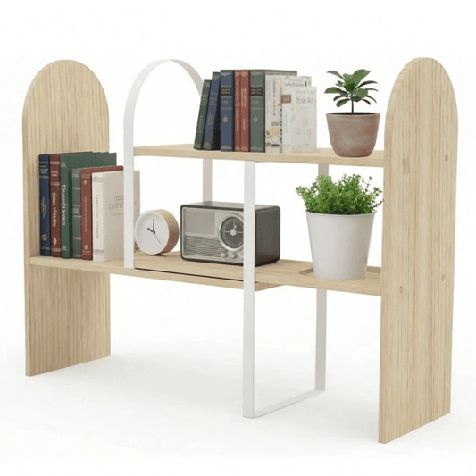 Expandable Desk Hutch Organizer - Natural Wood Desktop Bookshelf with Adjustable Width