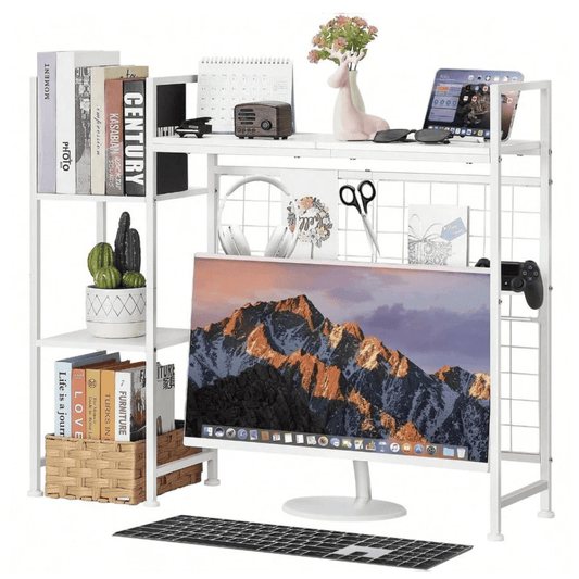 4-Tier Desktop Hutch with Mesh Grid Wall - Brown Wood Shelf Organizer for Home Office & Dorm (37")