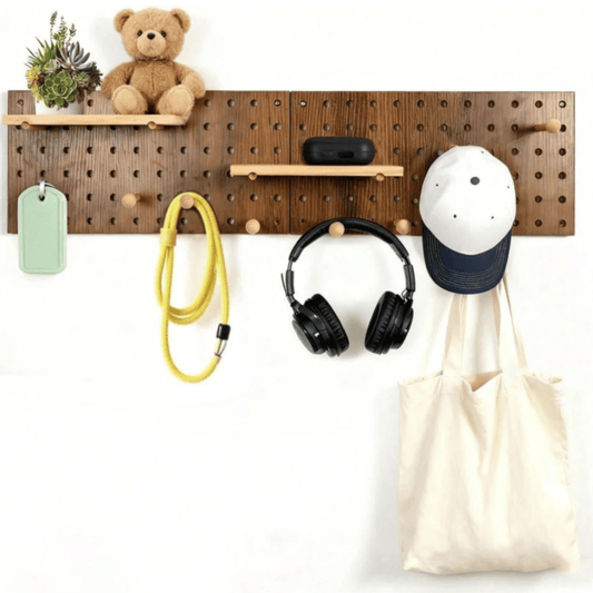 Modular Wooden Pegboard Set (2-Pack) - Beige Wood Wall Organizer Display with Shelves & Hooks