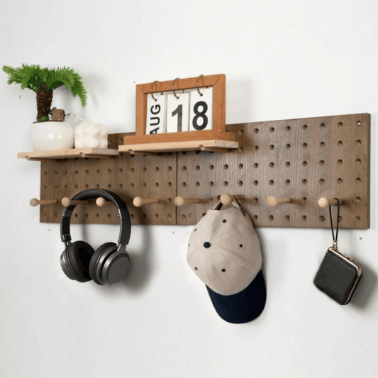 Modular Wooden Pegboard Set (2-Pack) - Beige Wood Wall Organizer Display with Shelves & Hooks